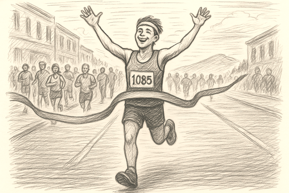 A person finishing a marathon crossing through the tape having won.