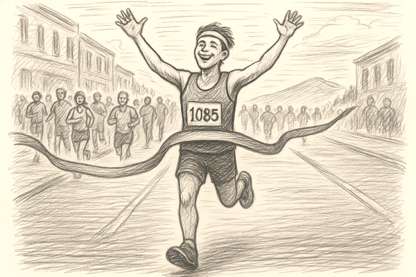 A person finishing a marathon crossing through the tape having won.